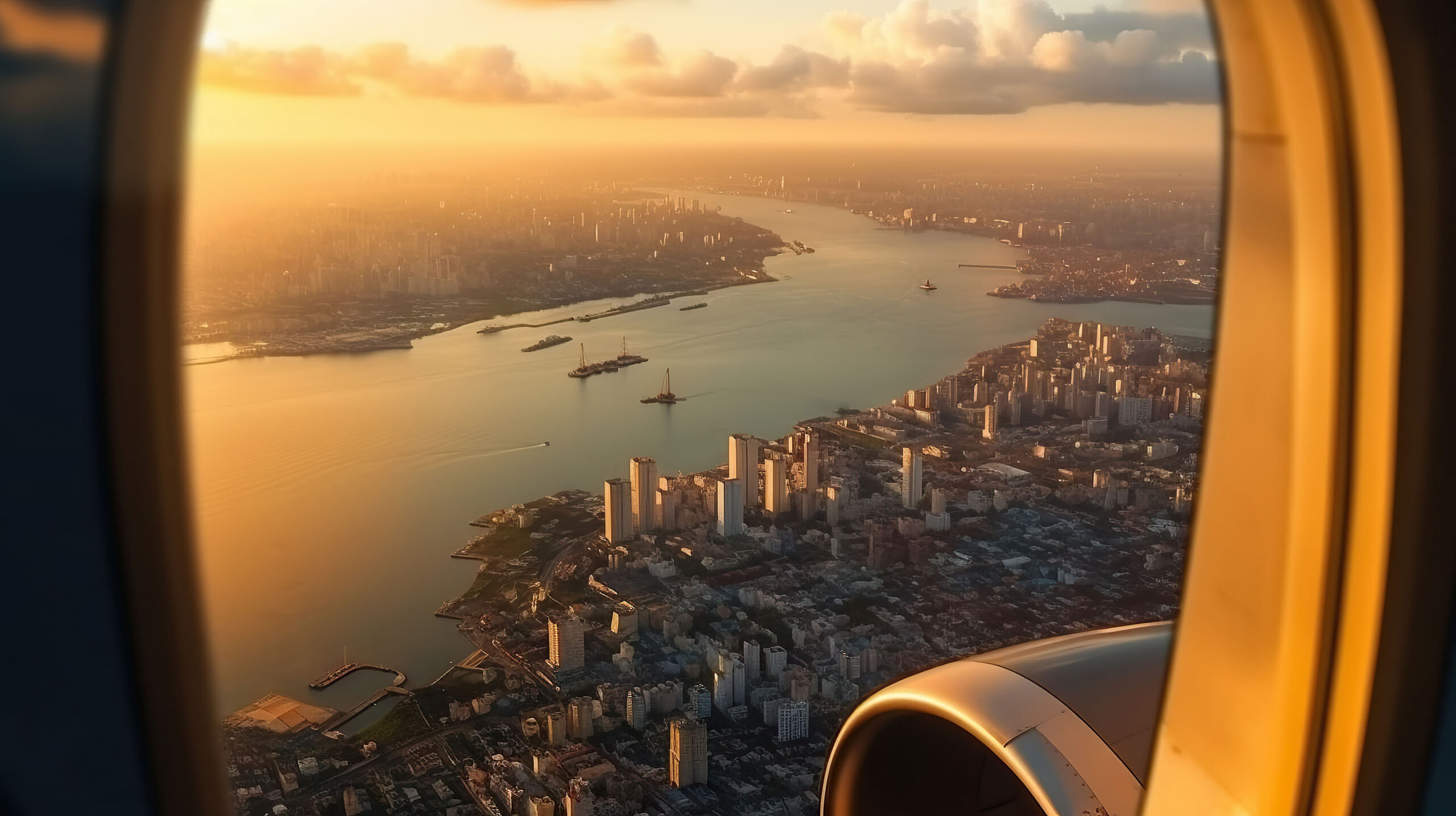 Aerial view of the city at sunset from an airplane window. Gener
